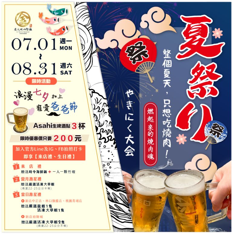 金炭火燒肉｜7~8月活動-🔥🔥夏日祭來一杯吧！配燒肉剛剛好！！｜金炭火燒肉餐廳