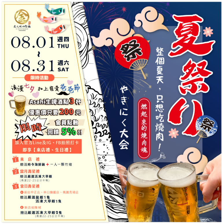 炭火燒肉｜8月活動-夏日祭活動 每月不定期快閃活動，總有新驚喜！｜金炭火燒肉餐廳