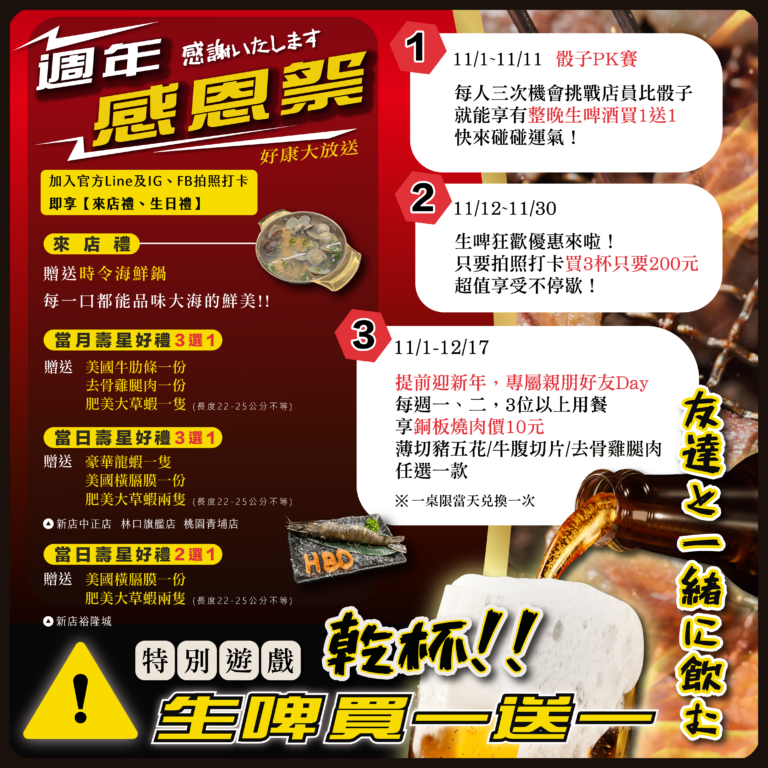 炭火燒肉｜11月活動-狂歡模式開啟！啤酒、骰子、銅板燒肉等你來戰！🎉🎉🎉｜金炭火燒肉餐廳