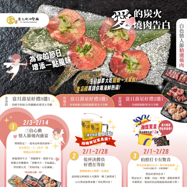 燒肉推薦｜2月活動-💘 用美味與愛，點燃專屬你的甜蜜時刻！｜金炭火燒肉餐廳