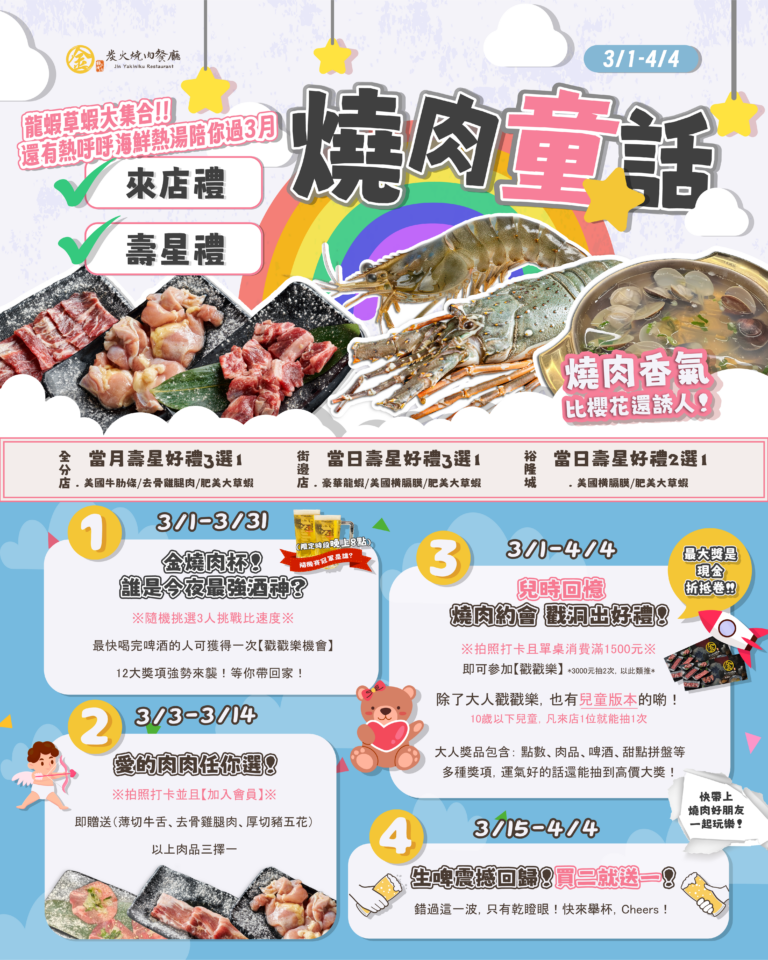 燒肉推薦｜3月活動-🌈✨ 燒肉童話 夢幻開烤！ ✨🔥燒肉香氣，比櫻花還誘人！｜金炭火燒肉餐廳