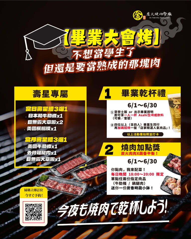 燒肉推薦｜6月活動- 【畢業大會烤】🔥🔥 かんぱい!｜金炭火燒肉餐廳